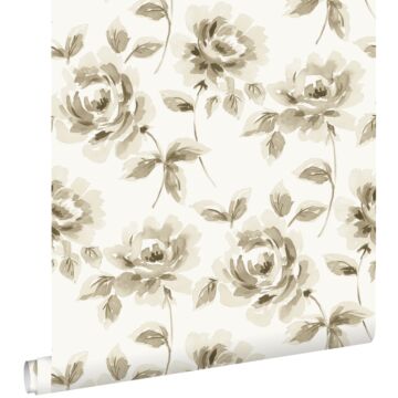 wallpaper watercolor painted roses beige and brown from ESTAhome