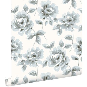 wallpaper watercolor painted roses light blue and gray from ESTAhome