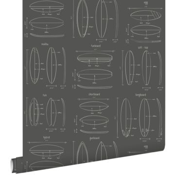 wallpaper technical drawings of surfboards dark gray from ESTAhome