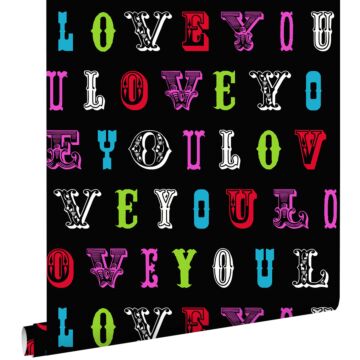 wallpaper love you - quotes multicolor on black from ESTAhome