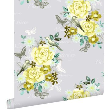 wallpaper flowers and birds yellow from ESTAhome