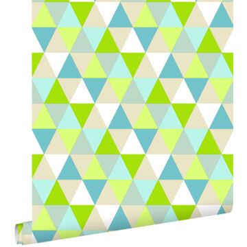 wallpaper triangles lime green, turquoise and beige from ESTAhome