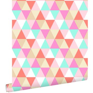 wallpaper triangles pink, turquoise and coral red from ESTAhome