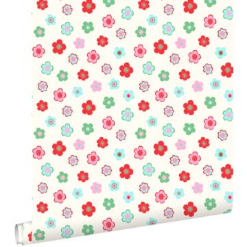 wallpaper vintage flowers light blue, green and red from ESTAhome