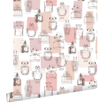 wallpaper perfume bottles shiny peach pink from ESTAhome
