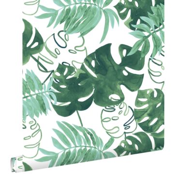 wallpaper painted tropical jungle leaves emerald green from ESTAhome