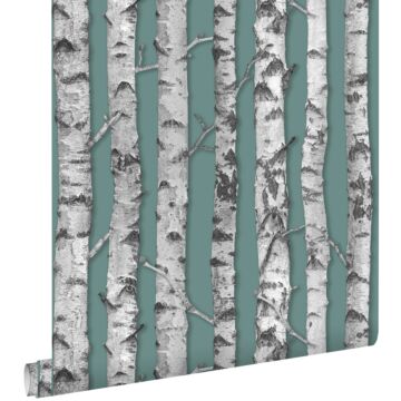 wallpaper birch trunks old gray green and light warm gray from ESTAhome