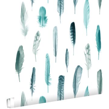 wallpaper feathers turquoise and matt white from ESTAhome
