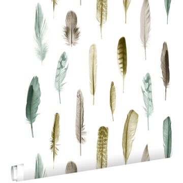 wallpaper feathers mustard, brown and grayish green from ESTAhome