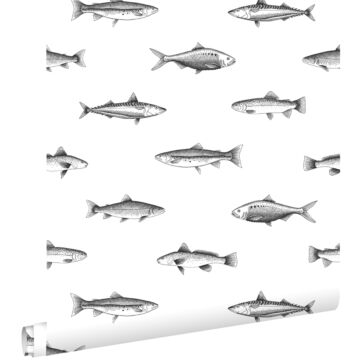 wallpaper pen drawing fish white and black from ESTAhome