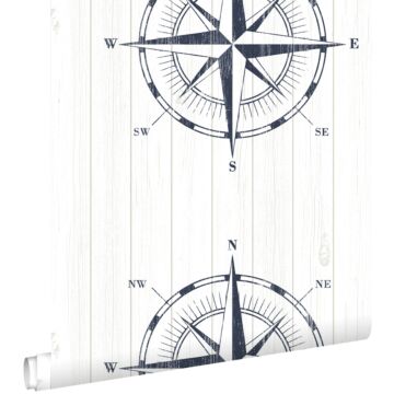 wallpaper compass rose on scrap wood dark blue and white from ESTAhome