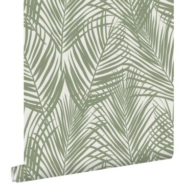 wallpaper palm leaves greyed olive green from ESTAhome