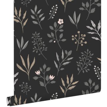 wallpaper floral pattern in Scandinavian style black from ESTAhome