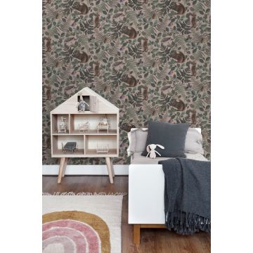 girls bedroom wallpaper forest animals antique pink, green and brown 139252