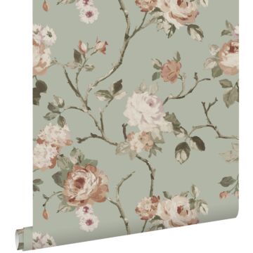 wallpaper vintage flowers grayed mint green and soft pink from ESTA home