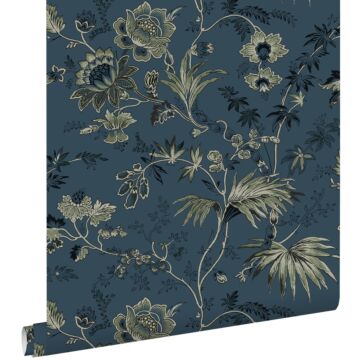 wallpaper vintage flowers dark blue and olive green from ESTA home