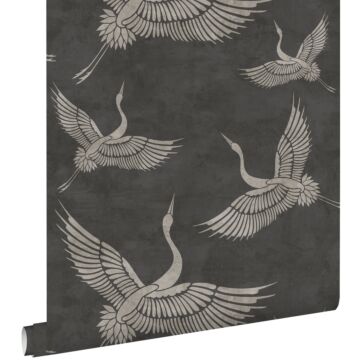 wallpaper crane birds dark gray from ESTAhome