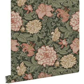wallpaper vintage flowers grayish green, terracotta pink and beige from ESTAhome