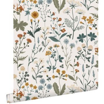 wallpaper wildflowers mustard, grayish green and vintage blue from ESTAhome