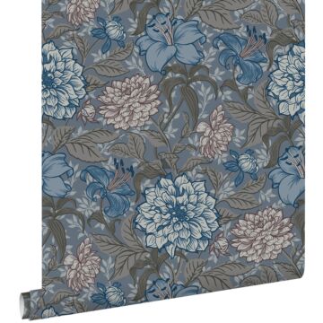 wallpaper vintage flowers grayed vintage blue and warm gray from ESTAhome