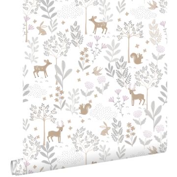 wallpaper forest with forest animals lilac purple and beige from ESTAhome