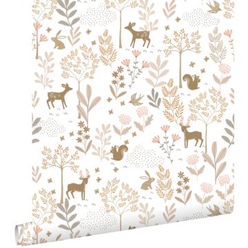 wallpaper forest with forest animals terracotta pink and beige from ESTAhome