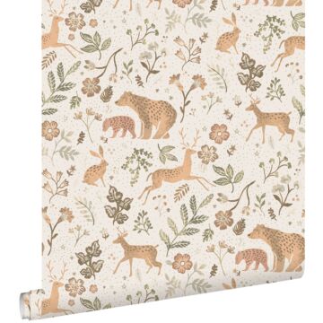 wallpaper forest with forest animals off-white and beige from ESTAhome