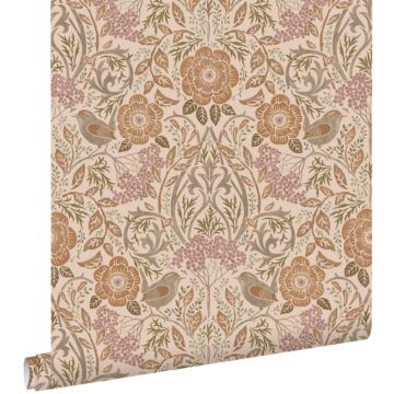 wallpaper flowers and birds in art nouveau style beige, terracotta and antique pink from ESTAhome