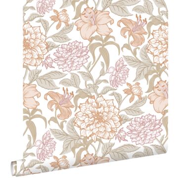 wallpaper vintage flowers terracotta and grayish green from ESTAhome