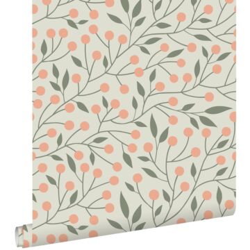 wallpaper floral pattern grayish green and peach pink from ESTAhome