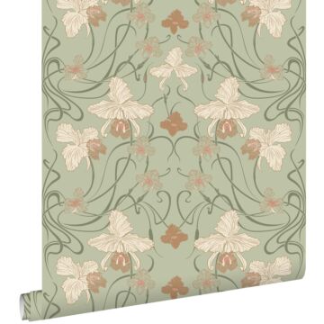 wallpaper vintage flowers in art nouveau style grayish green and terracotta from ESTAhome
