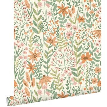 wallpaper wildflowers green, pink and light terracotta from ESTAhome