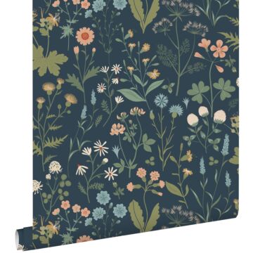 wallpaper wildflowers dark blue, green and pink from ESTAhome