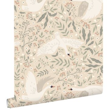 wallpaper swans beige, white and grayish green from ESTAhome
