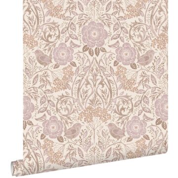 wallpaper flowers and birds sand beige and lilac purple from ESTAhome
