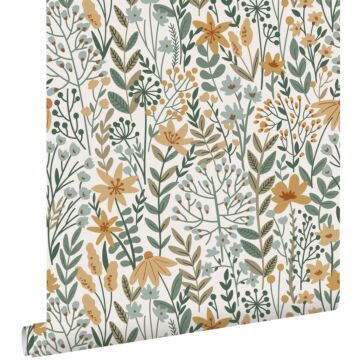 wallpaper wildflowers greyish blue, mustard and green from ESTAhome