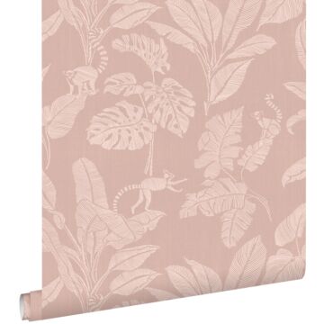 wallpaper monkeys and jungle leaves antique pink from ESTAhome