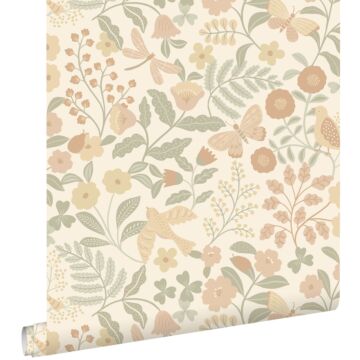 wallpaper flowers and birds beige, green and soft pink from ESTAhome