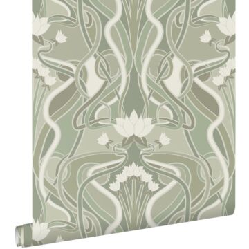 wallpaper vintage flowers in art nouveau style light gray green from ESTAhome