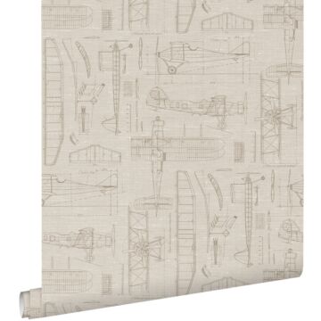 wallpaper construction drawings of airplanes beige and sand color from ESTAhome