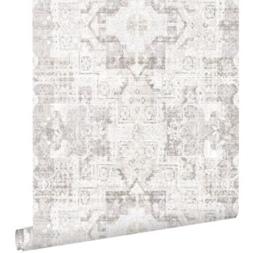 wallpaper oriental kelim patchwork carpet light warm gray from ESTAhome