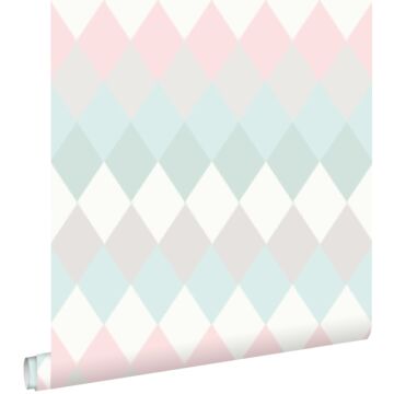 wallpaper rhombus motif with linen texture mint green, pastel powder pink and light warm gray from ESTAhome