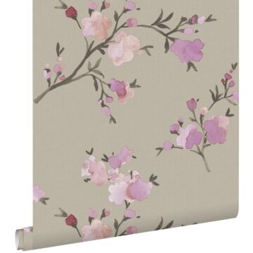 eco texture non-woven wallpaper cherry blossoms taupe and lilac purple from ESTAhome