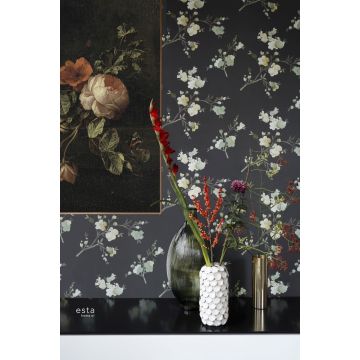 living room eco texture non-woven wallpaper cherry blossoms green, mustard and black 148719