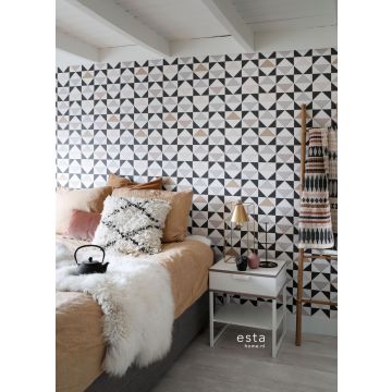 bedroom wallpaper graphic triangles white, black, warm gray and antique pink 139094
