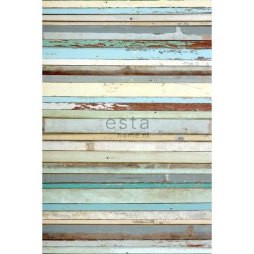 wall mural scrap wood blue, gray, pastel yellow and mint green from ESTAhome