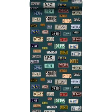 non-woven wallpaper XXL vintage license plates teal from ESTAhome