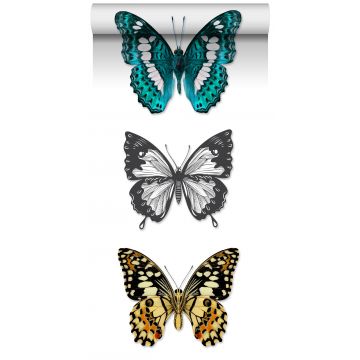 non-woven wallpaper XXL butterflies turquoise, black and white from ESTAhome