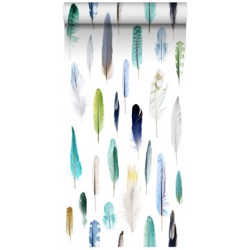 non-woven wallpaper XXL feathers green, blue and beige from ESTAhome
