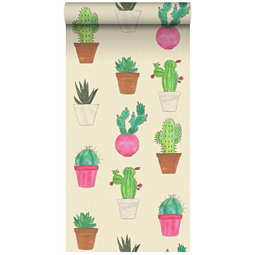 non-woven wallpaper XXL Cactus Fiesta green, pink and beige from ESTAhome